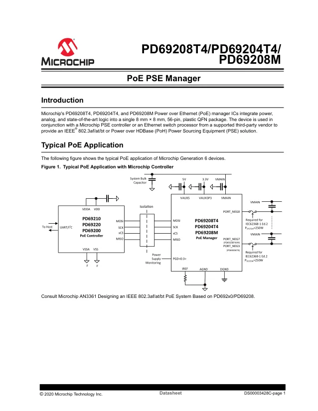PD69208T4ILQ-TR-LE, Power Switch ICs - POE / LAN IEEE 802.3at/bt Type 4/PoH8 ports, Fully Integrated PSE Manager, Industrial Temp - Переключатели распределения питания, драйверы нагрузки файл 1