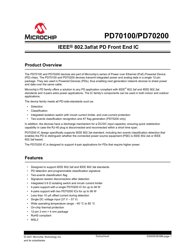PD70100ILD-TR, Power Switch ICs - POE / LAN IEEE802.3af PoE PD Front End - Переключатели распределения питания, драйверы нагрузки файл 1