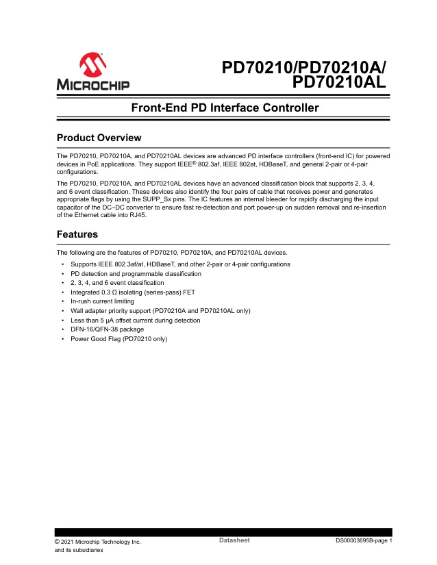PD70210AILD-TR, Power Switch ICs - POE / LAN IEEE802.3at/PoH PoE PD Front End - Переключатели распределения питания, драйверы нагрузки файл 1