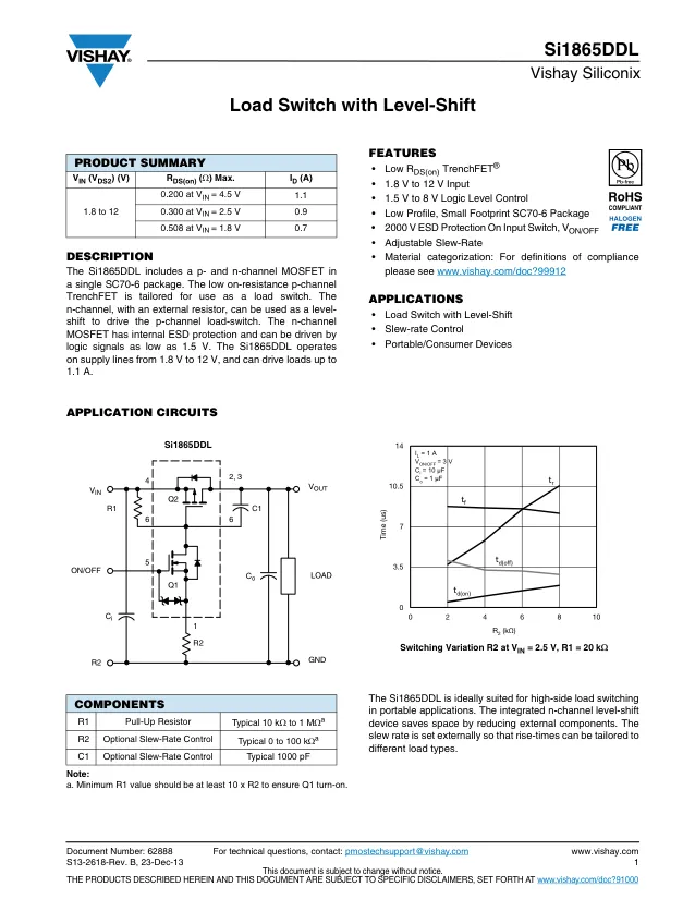 SI1865DDL-T1-GE3, Power Switch ICs - Power Distribution 12V 1.1A .357watt - Переключатели распределения питания, драйверы нагрузки файл 1