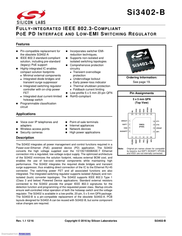 SI3402-B-GMR, Power Switch ICs - POE / LAN 802.3af 13W PoE PD interface with dc-dc - Переключатели распределения питания, драйверы нагрузки файл 1