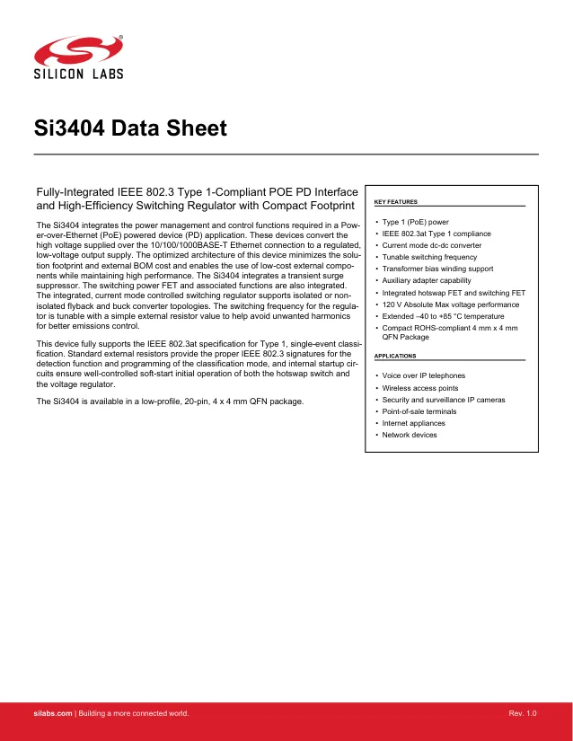 SI3404-A-GM, Power Switch ICs - POE / LAN 802.3af 13W PoE PD interface with dc-dc - Переключатели распределения питания, драйверы нагрузки файл 1