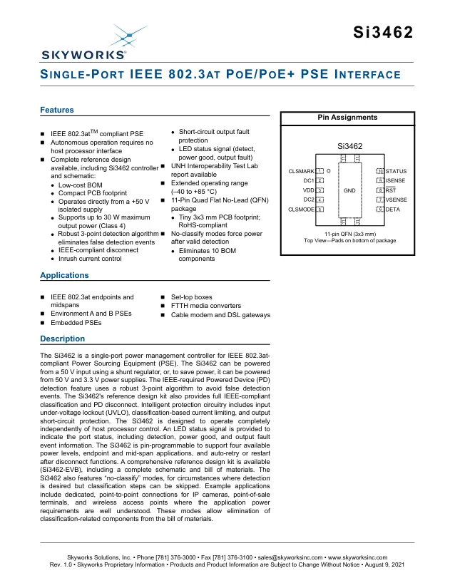 SI3462-E01-GMR, Power Switch ICs - POE / LAN 802.3at 30W One Port PoE PSE Controller - Переключатели распределения питания, драйверы нагрузки файл 1