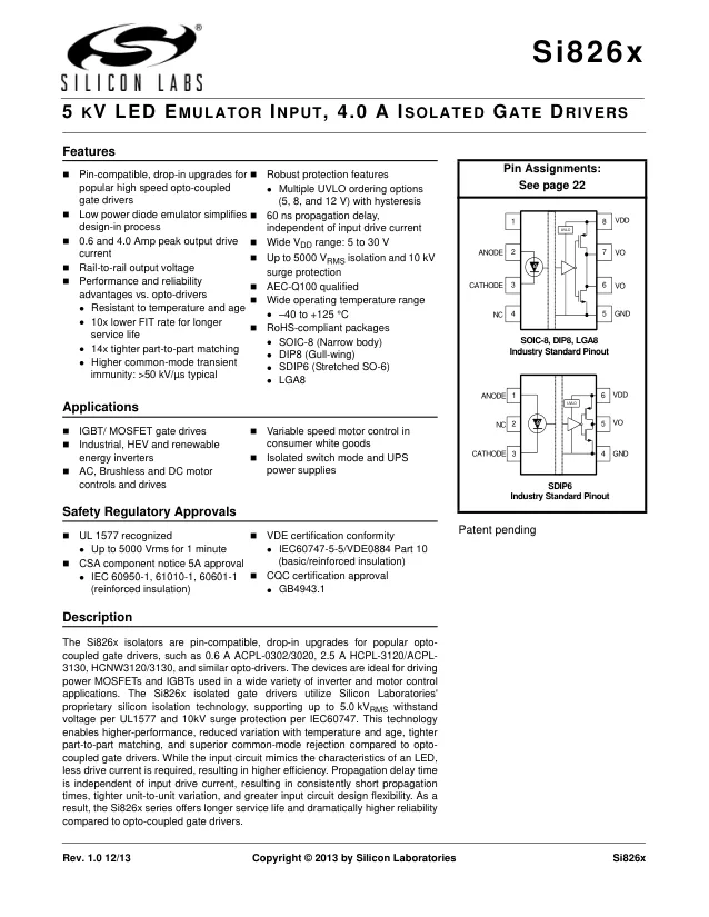 SI8261AAC-C-IS, Gate Drivers 3.75kV opto-driver replacement - Переключатели распределения питания, драйверы нагрузки файл 1