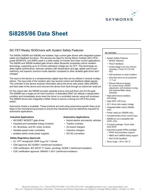 SI8285CC-ISR, Galvanically Isolated Gate Drivers Isolated SiC and IGBT driver - Переключатели распределения питания, драйверы нагрузки файл 1