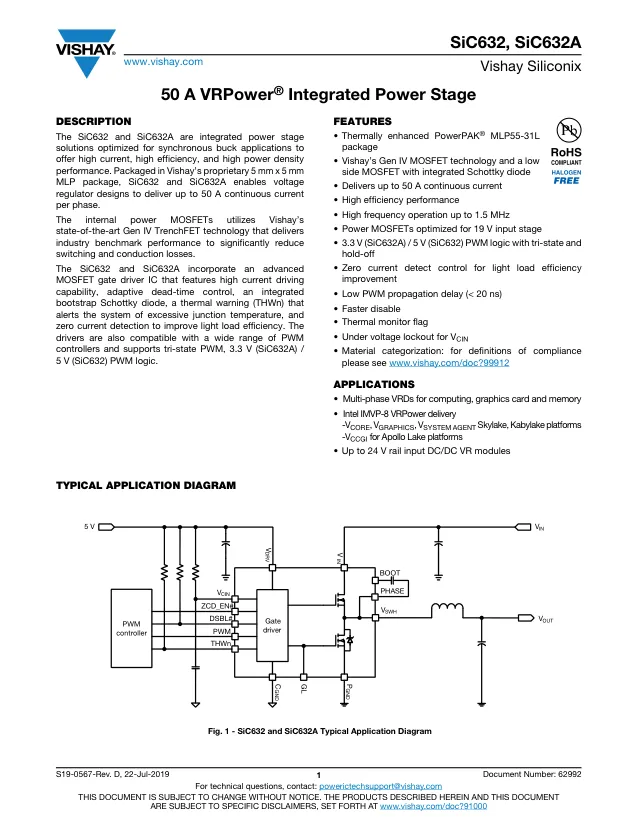 SIC632ACD-T1-GE3, Gate Drivers 50A, 3.3V DrMOS VRPower - Переключатели распределения питания, драйверы нагрузки файл 1