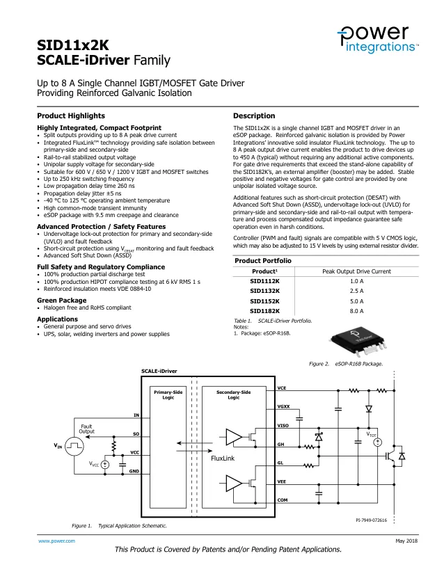 SID1152K-TL, Gate Drivers Sgl Ch 5.0A Fluxlink 250kHz Delay 260ns - Переключатели распределения питания, драйверы нагрузки файл 1