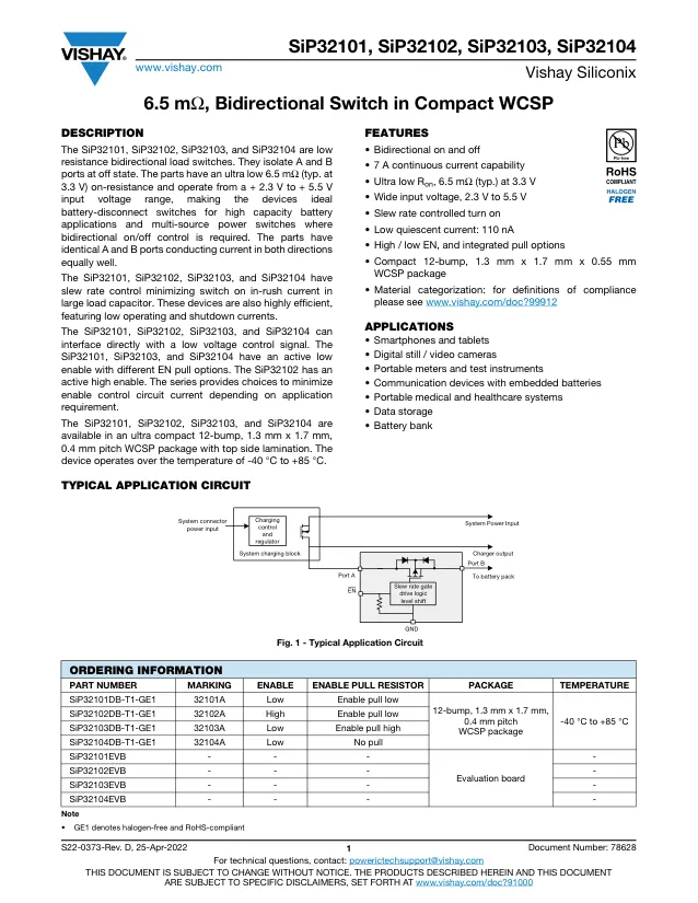 SIP32101DB-T1-GE1, Power Switch Hi Side 1-OUT 8mOhm 12-Pin WCSP - Переключатели распределения питания, драйверы нагрузки файл 1