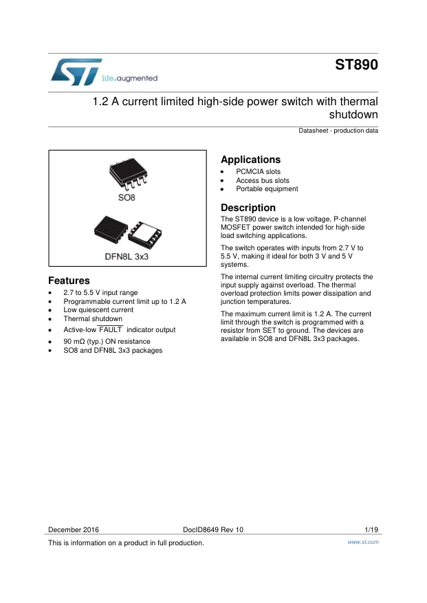 ST890BDR, Power Switch ICs - Power Distribution 1.2A Hi-Side Switch - Переключатели распределения питания, драйверы нагрузки файл 1