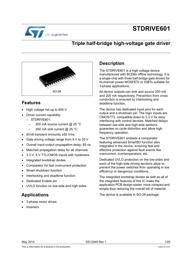 STDRIVE601TR, Gate Drivers Triple half-bridge high-voltage gate driver - Переключатели распределения питания, драйверы нагрузки файл 1