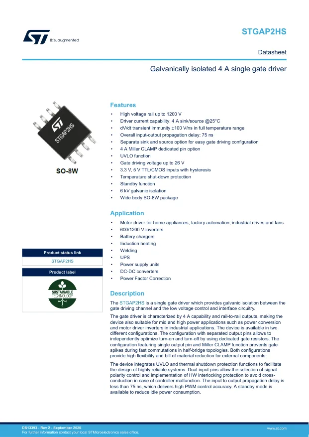 STGAP2HSMTR, Galvanically Isolated Gate Drivers Galvanically isolated 4 A single gate driver - Переключатели распределения питания, драйверы нагрузки файл 1