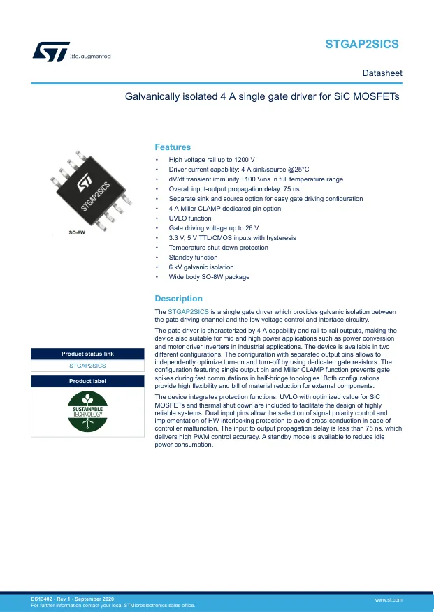 STGAP2SICSC, Galvanically Isolated Gate Drivers Galvanically isolated 4 A single gate driver for SiC MOSFETs - Переключатели распределения питания, драйверы нагрузки файл 1