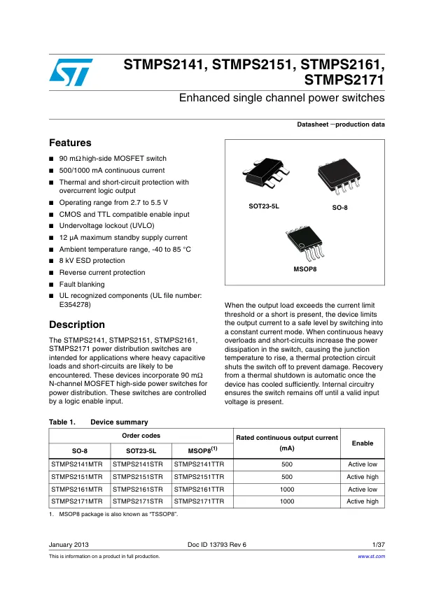 STMPS2141TTR, Power Switch ICs - Power Distribution SGL CHNL PWR SWTCH - Переключатели распределения питания, драйверы нагрузки файл 1