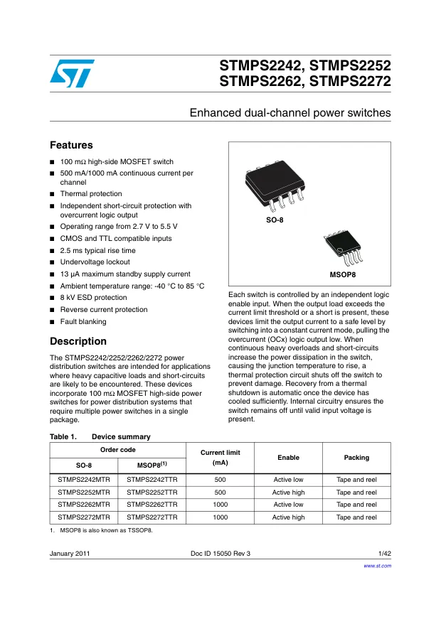 STMPS2252TTR, Power Switch ICs - Power Distribution 100m Ohm High-Side Mosfet Dual Switch - Переключатели распределения питания, драйверы нагрузки файл 1