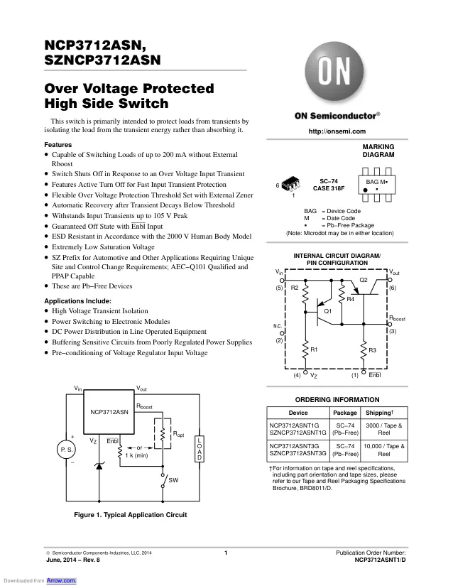 SZNCP3712ASNT3G, Power Switch Hi Side 1-OUT -0.3A 6-Pin TSOP T/R Automotive AEC-Q101 - Переключатели распределения питания, драйверы нагрузки файл 1