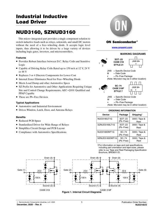 SZNUD3160DMT1G, Gate Drivers 60V DUAL INDUCTIVE LOAD D - Переключатели распределения питания, драйверы нагрузки файл 1