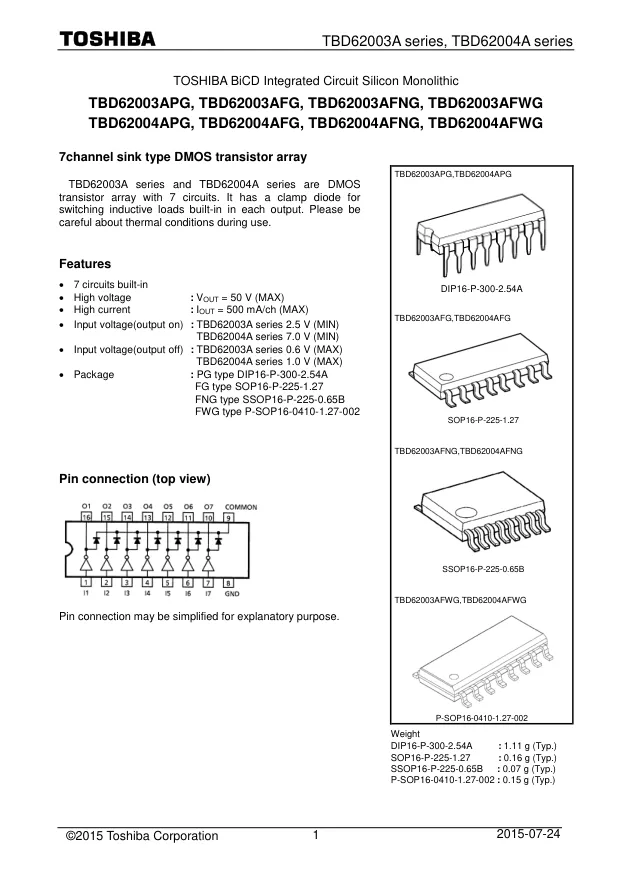 TBD62004AFG,EL, Gate Drivers DMOS Transistor Array 7-CH, 50V/0.5A - Переключатели распределения питания, драйверы нагрузки файл 1