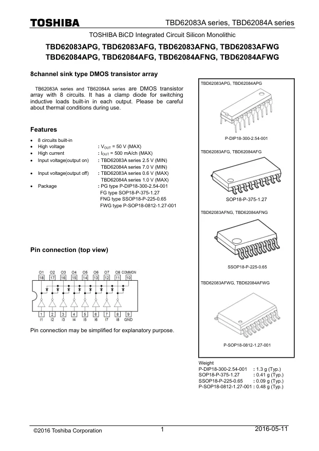 TBD62084AFNG,EL, Gate Drivers DMOS Transistor Array 8-CH, 50V/0.5A - Переключатели распределения питания, драйверы нагрузки файл 1