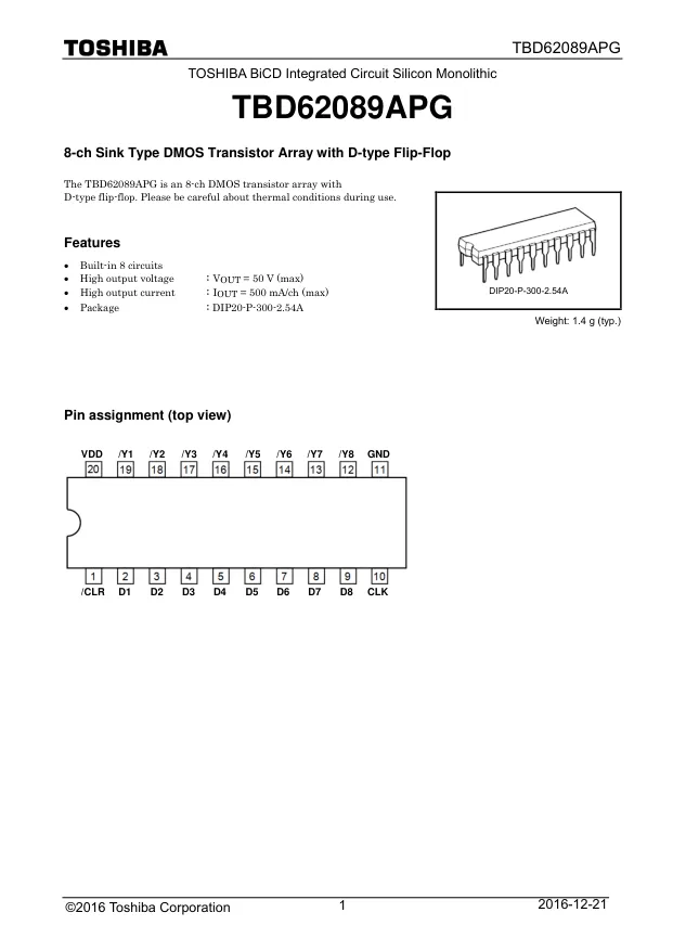TBD62089APG, Gate Drivers DMOS Transistor Array 8-CH 50V 0.5A - Переключатели распределения питания, драйверы нагрузки файл 1