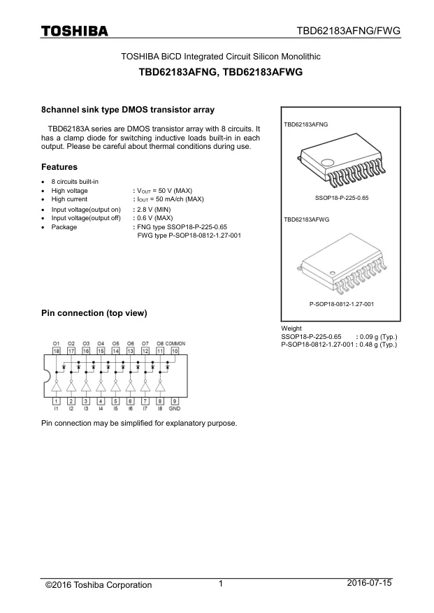TBD62183AFWG,EL, Gate Drivers DMOS Transistor Array 8-CH 50V 0.5A - Переключатели распределения питания, драйверы нагрузки файл 1