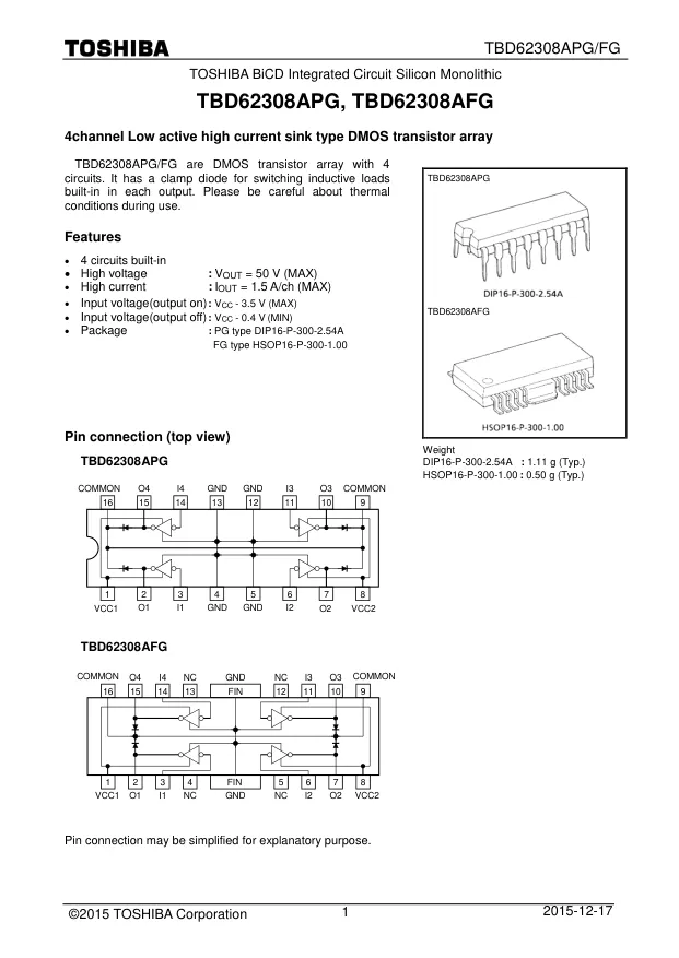 TBD62308AFG,EL, Gate Drivers DMOS Transistor Array 50V 1500mA - Переключатели распределения питания, драйверы нагрузки файл 1