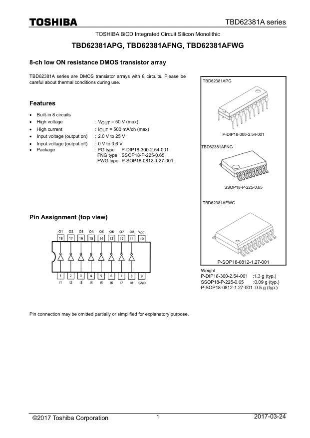 TBD62381AFNG,EL, Gate Drivers DMOS Transistor Array 8-CH 50V 0.5A - Переключатели распределения питания, драйверы нагрузки файл 1