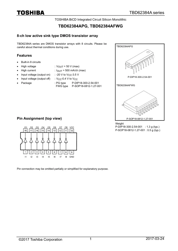 TBD62384APG, Gate Drivers DMOS Transistor Array 8-CH 50V 0.5A - Переключатели распределения питания, драйверы нагрузки файл 1
