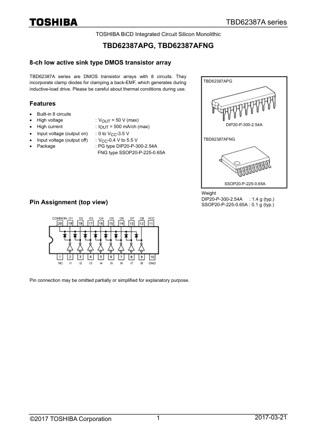 TBD62387APG, Gate Drivers DMOS Transistor Array 8-CH 50V 0.5A - Переключатели распределения питания, драйверы нагрузки файл 1