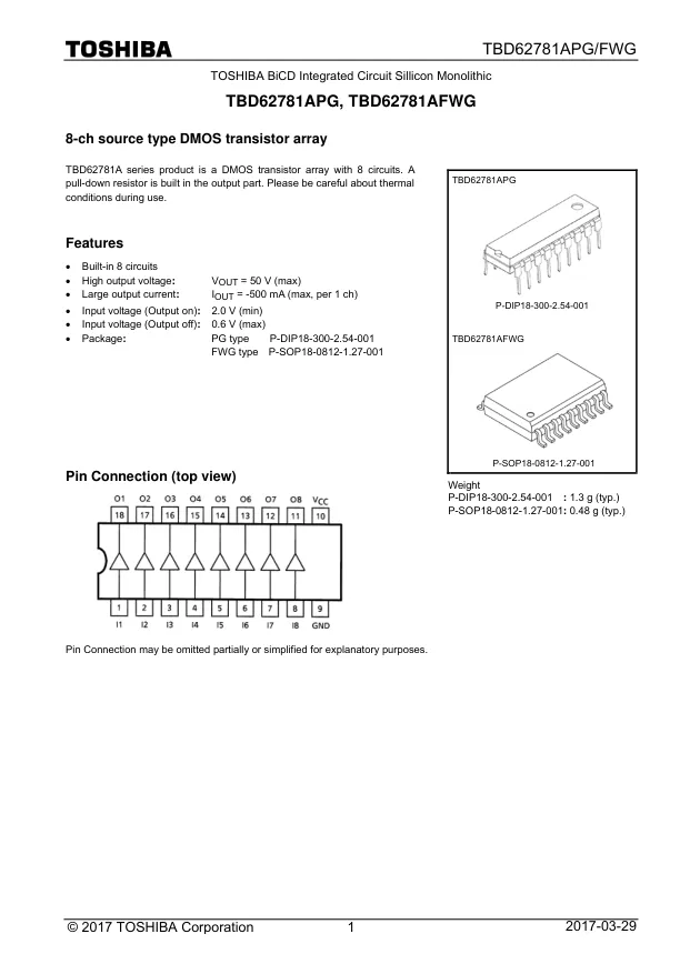 TBD62781APG, Gate Drivers DMOS Transistor Array 8-CH 50V -0.5A - Переключатели распределения питания, драйверы нагрузки файл 1