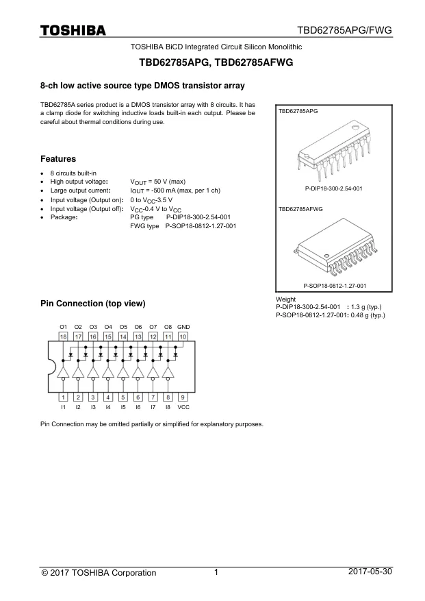 TBD62785AFWG,EL, Gate Drivers DMOS Transistor Array 8-CH 50V -0.5A - Переключатели распределения питания, драйверы нагрузки файл 1
