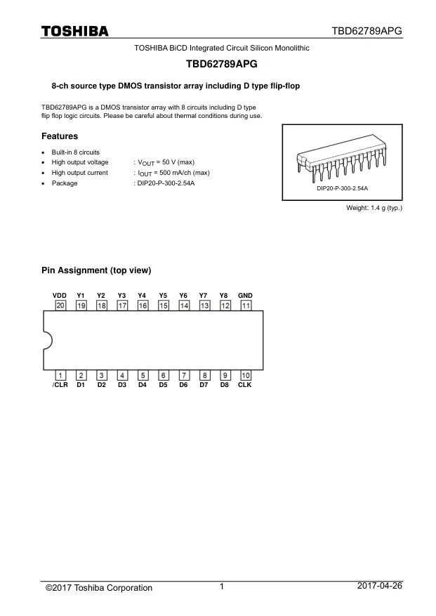 TBD62789APG, Gate Drivers DMOS Transistor Array 8-CH 50V -0.5A - Переключатели распределения питания, драйверы нагрузки файл 1