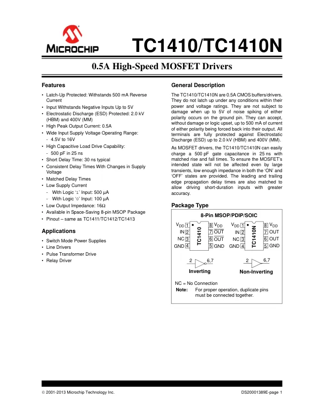 TC1410NEOA, Gate Drivers .5A Sngl Drvr N-Inv SOIC8 - Переключатели распределения питания, драйверы нагрузки файл 1