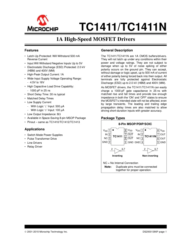 TC1411NCOA,MOSFET Driver, Low Side, 4.5V to 16V Supply, 1A Out, 30ns Delay, SOIC-8 - Переключатели распределения питания, драйверы нагрузки файл 1