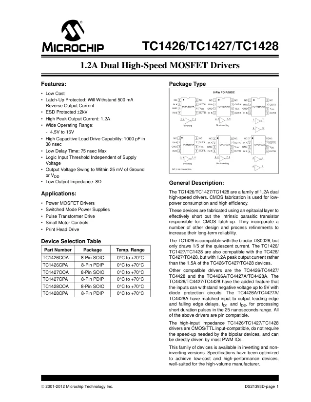 TC1427COA713, Driver 1.2A 2-OUT Low Side Non-Inv 8-Pin SOIC N T/R - Переключатели распределения питания, драйверы нагрузки файл 1