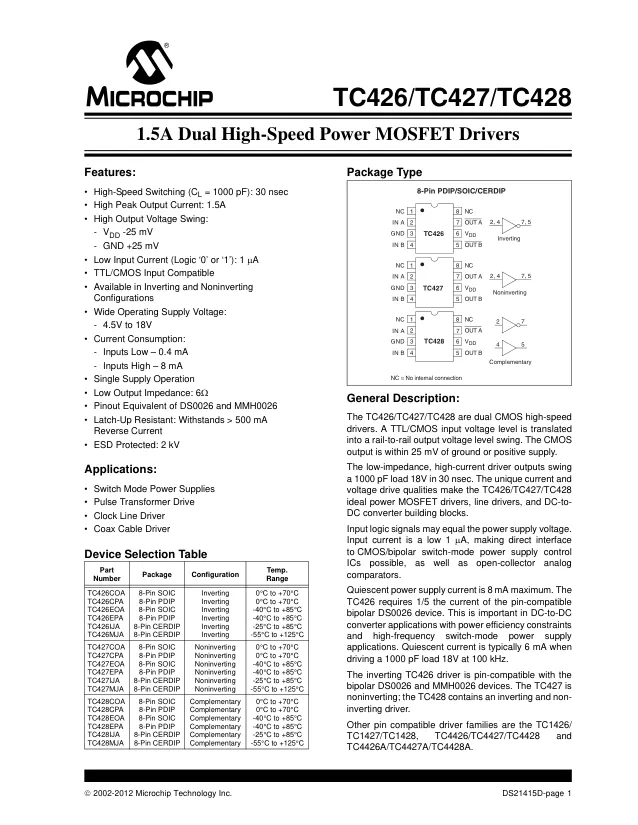 TC427EOA, Gate Drivers 1.5A Dual H-Speed - Переключатели распределения питания, драйверы нагрузки файл 1