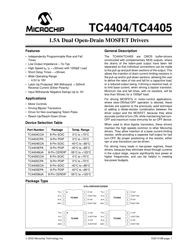 TC4405COA, Gate Drivers 1.5A Dual Open-Drain - Переключатели распределения питания, драйверы нагрузки файл 1