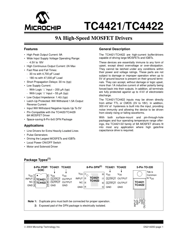 TC4422AVOA713, Driver 10A 1-OUT Low Side Non-Inv 8-Pin SOIC N T/R Automotive AEC-Q100 - Переключатели распределения питания, драйверы нагрузки файл 1