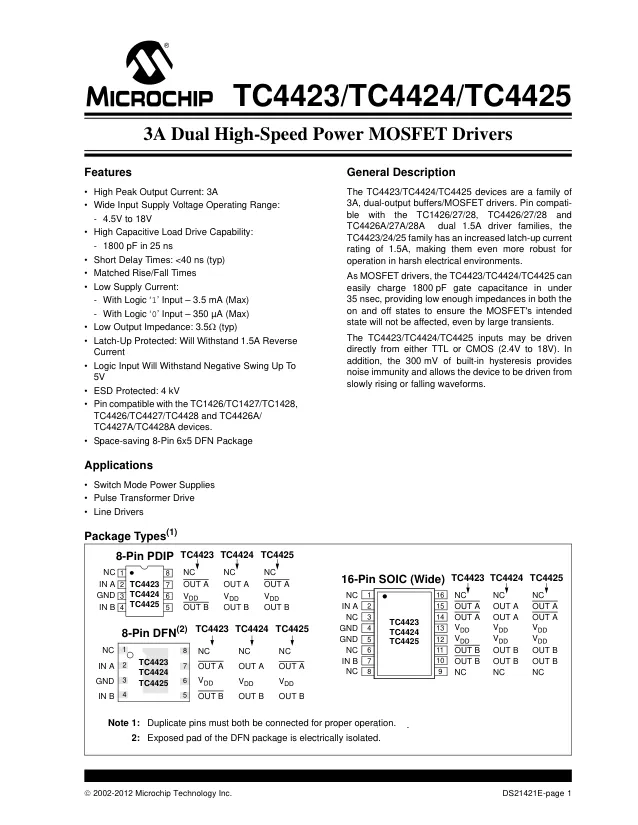 TC4424EMF, Gate Drivers 3A Dual - Переключатели распределения питания, драйверы нагрузки файл 1