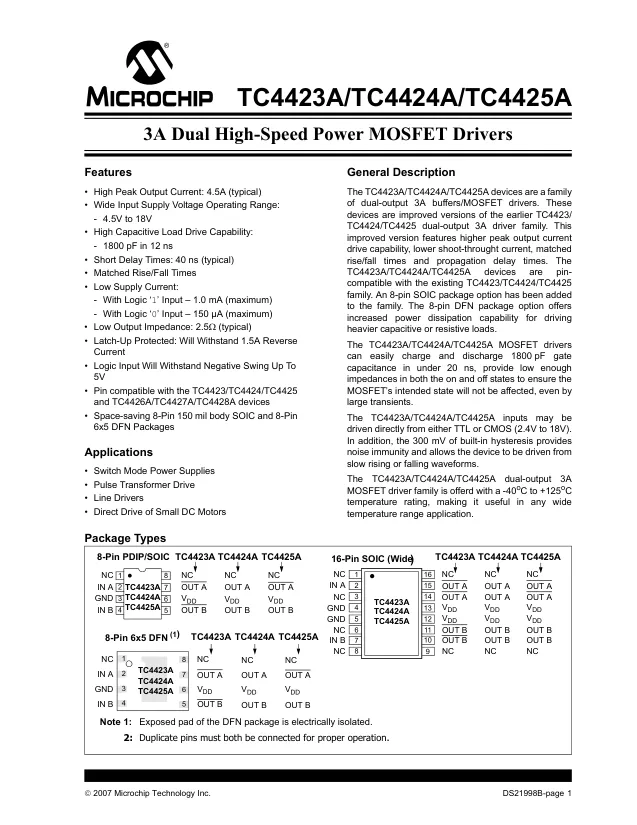 TC4425AVMF, Gate Drivers 3A Dual MOSFET Drvr - Переключатели распределения питания, драйверы нагрузки файл 1