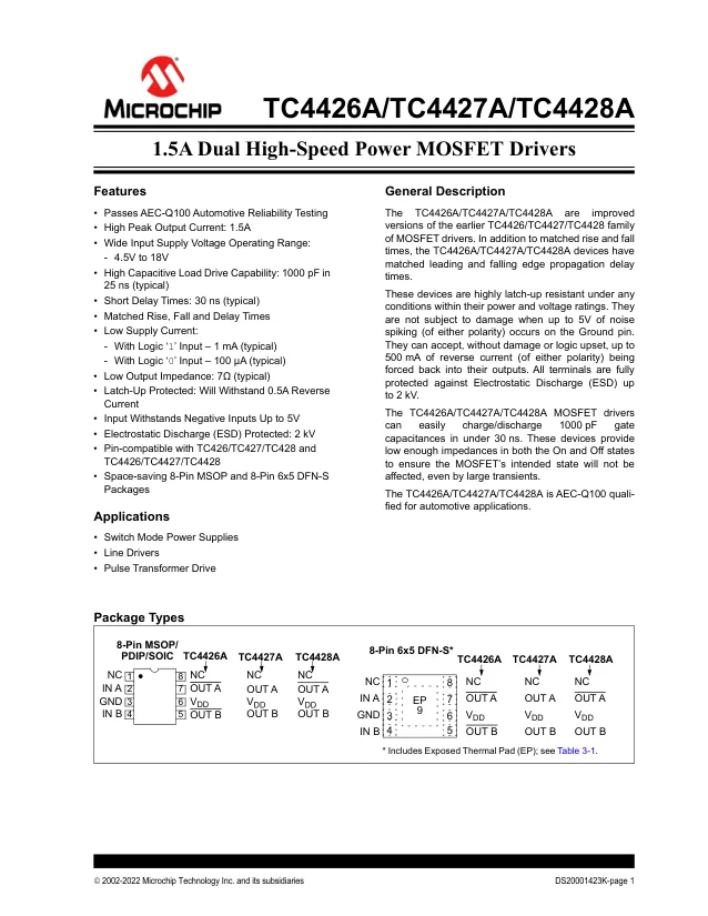 TC4428AEMF, Gate Drivers 1.5A Dual MOSFET Dr Comp E Temp DFN8 - Переключатели распределения питания, драйверы нагрузки файл 1
