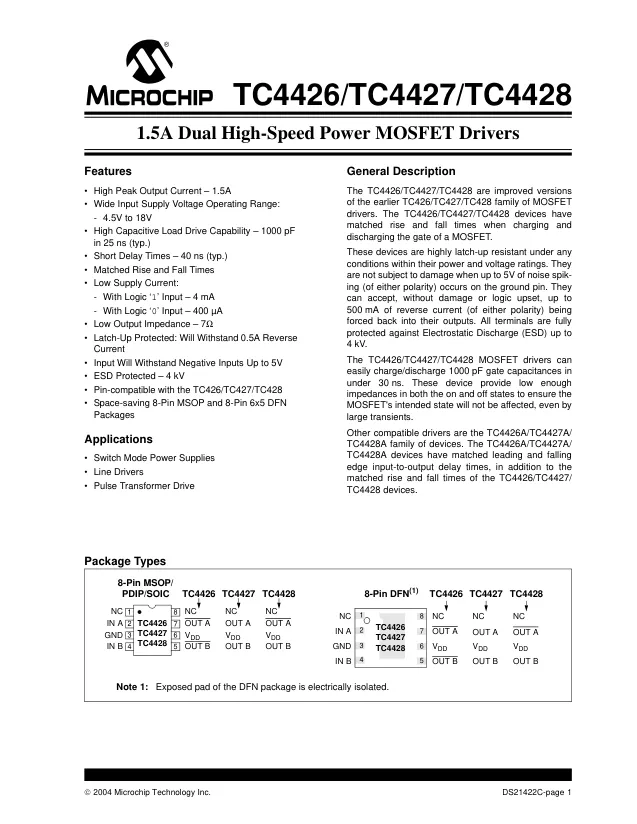 TC4428AVMF, Gate Drivers 1.5A Dual MOSFET Dr Comp V Temp DFN8 - Переключатели распределения питания, драйверы нагрузки файл 1
