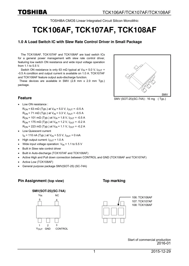 TCK106AF,LF, Power Switch ICs - Power Distribution Load Switch 1A 1.1V to 5.5V - Переключатели распределения питания, драйверы нагрузки файл 1