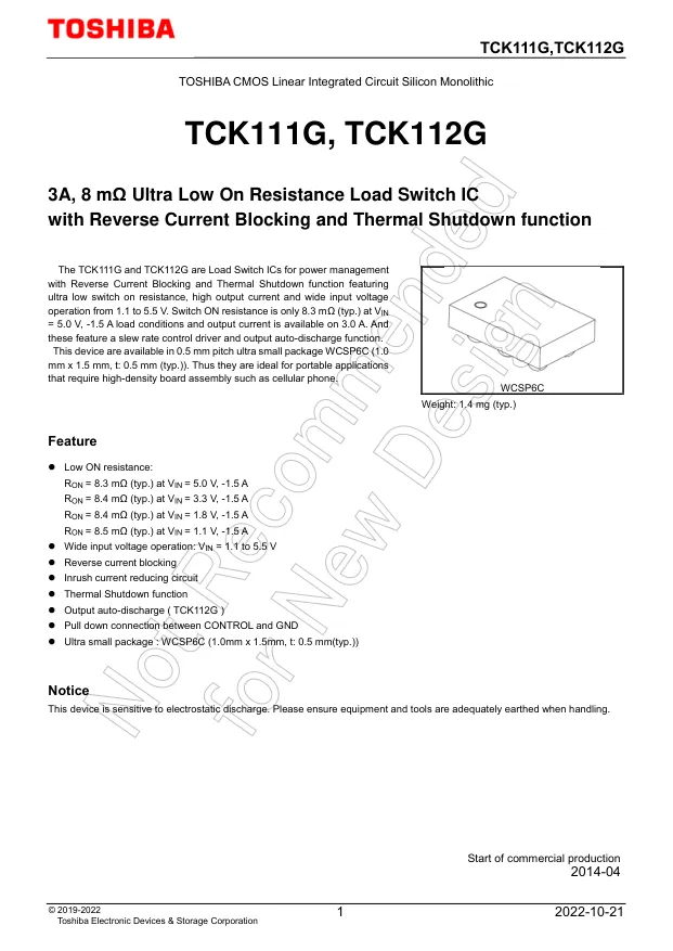 TCK111G,LF, Power Switch ICs - Power Distribution 3A ANALOG IC LOAD - Переключатели распределения питания, драйверы нагрузки файл 1