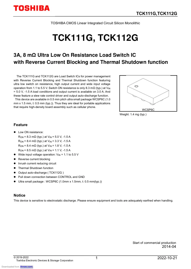 TCK111G,LF(S, Power Switch Hi Side 1-OUT 3A 8.5mOhm 6-Pin WCSP-C T/R - Переключатели распределения питания, драйверы нагрузки файл 1