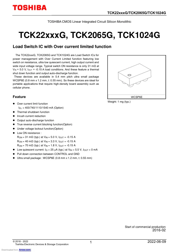 TCK2065G,LF, Current Limit SW 1-IN 1-OUT 1.1V to 5.5V 1.11A 6-Pin WCSP-E T/R - Переключатели распределения питания, драйверы нагрузки файл 1
