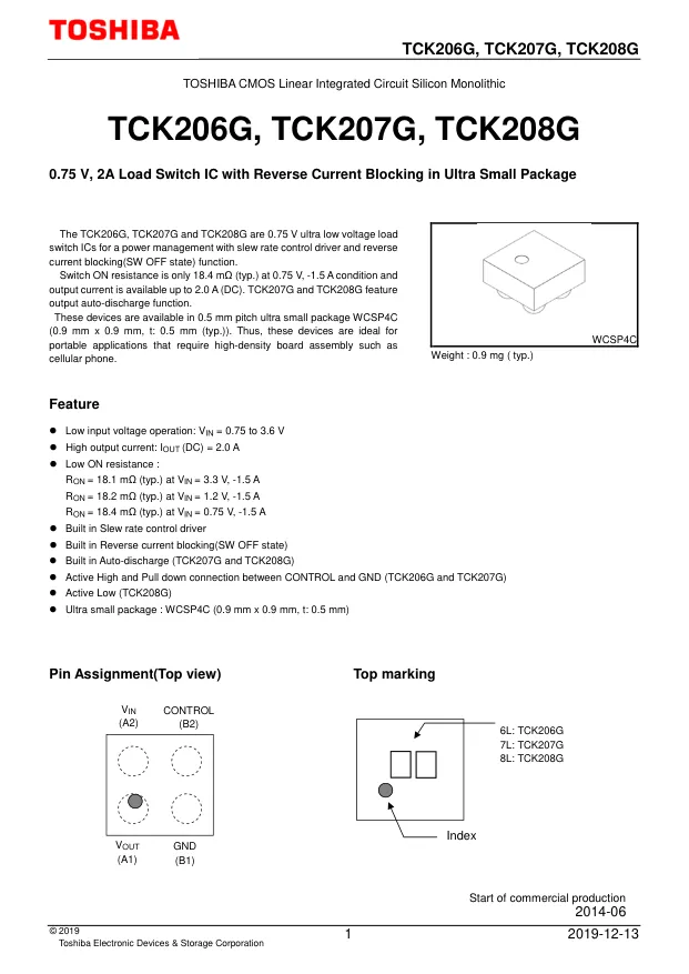 TCK207G,LF, Power Switch ICs - Power Distribution PC Load Switch IOUT:2A VIN:0.75-3.6 - Переключатели распределения питания, драйверы нагрузки файл 1
