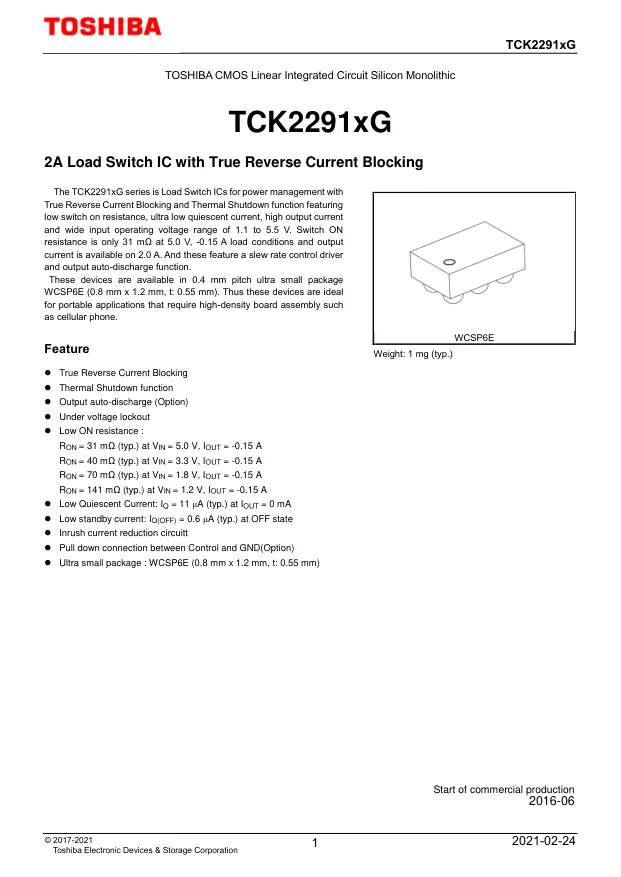 TCK22910G,LF, Power Switch ICs - Power Distribution Load Switch 2.0A 1.1V to 5.5V - Переключатели распределения питания, драйверы нагрузки файл 1