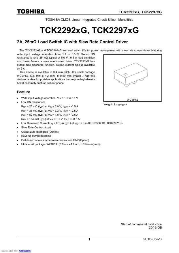 TCK22922G,LF, Power Switch Hi Side 2-OUT 2A 136mOhm 6-Pin WCSP-E T/R - Переключатели распределения питания, драйверы нагрузки файл 1
