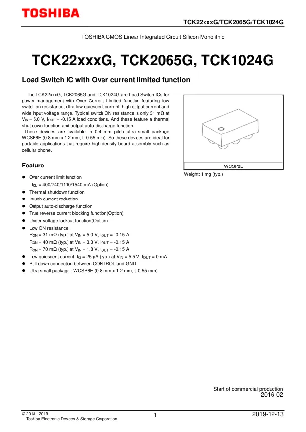 TCK22951G,LF, Power Switch ICs - Power Distribution Load Switch 0.74A 1.4V to 5.5V - Переключатели распределения питания, драйверы нагрузки файл 1