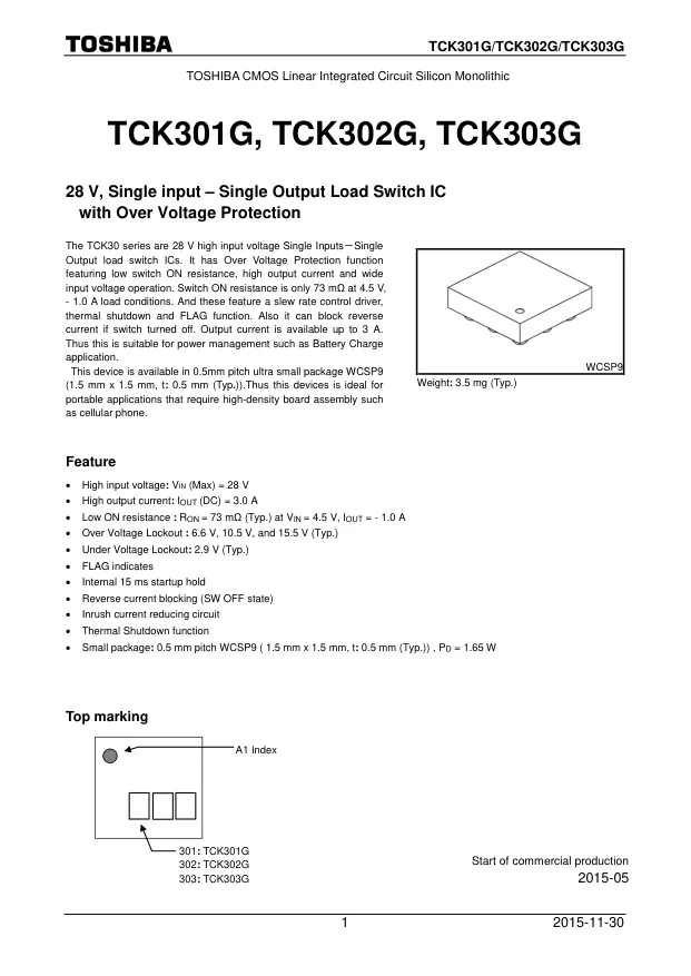 TCK303G,LF, Power Switch ICs - Power Distribution Load Switch IC - Переключатели распределения питания, драйверы нагрузки файл 1